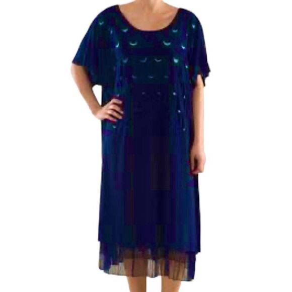 NEW La Mouette Blue Teal Laser Cut-Outs Relax Fit Tulle Layers Dress Plus Sz 4X - Picture 1 of 16